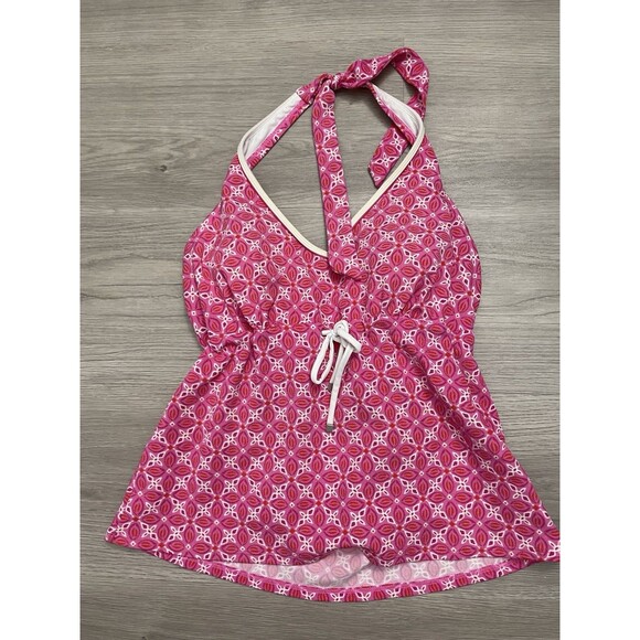 LANDS' END Swimwear Top Women’s 14  Bright Pink Batik V-Neck Halter Tankini - Picture 1 of 5